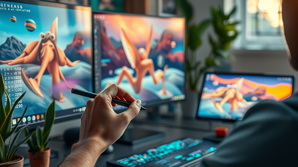 Digital artist’s desktop displaying concept art being transformed with generative AI tools—an exciting, hands-on example of AI creativity in the studio.