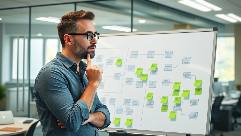 Content strategist mapping content workflow with AI integration on digital whiteboard
