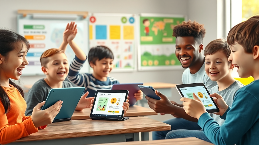 Diverse classroom of students interacting with AI-generated educational materials using language models