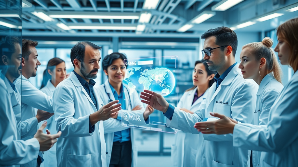 AI scientists collaborating in a high-tech laboratory with GANs-generated images on digital displays, showcasing generative adversarial networks in action