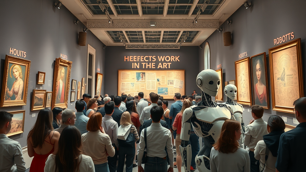 A vibrant gallery where humans and AI robots present visual art, music, and literary works together celebrating AI