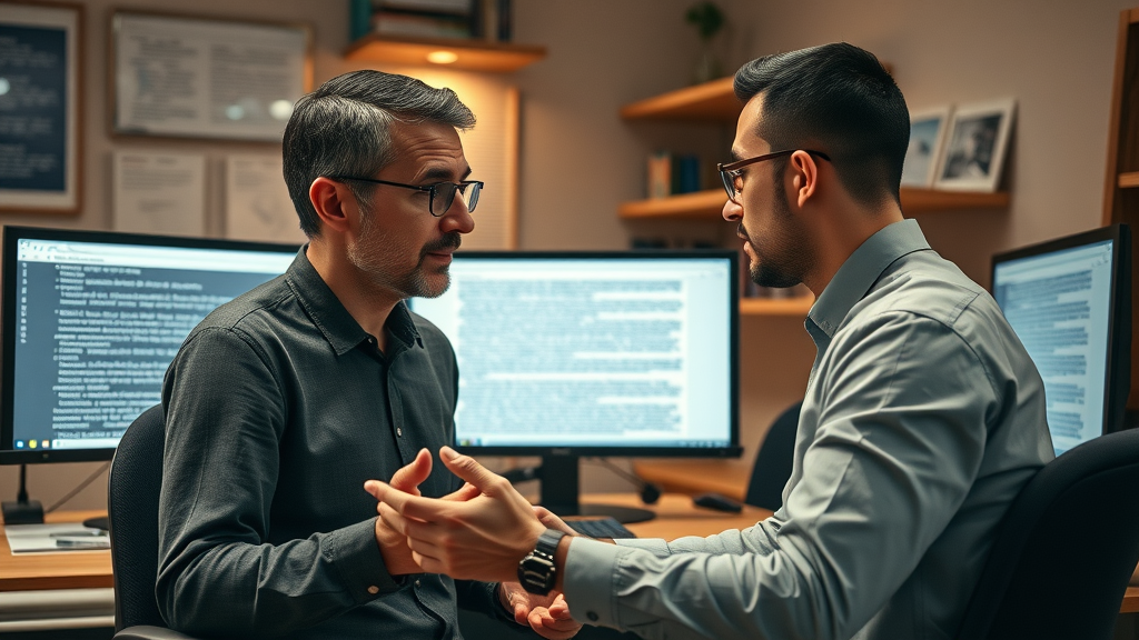 Professional editor and AI system collaborating on generated content in an editorial office