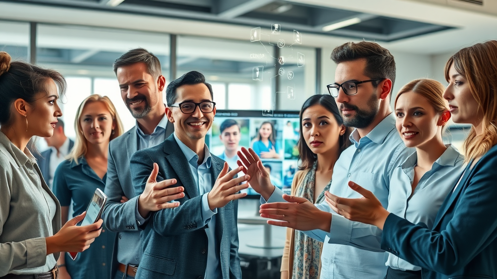 Dynamic collage of artists, writers, musicians, and innovators experiencing AI creativity and inspiration in a modern office with holographic AI-generated art displays.