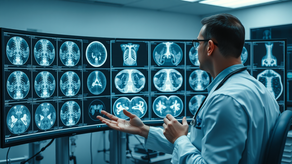 Radiologist analyzing genuine and GAN-generated synthetic medical scans side by side, demonstrating data augmentation and improved diagnostics