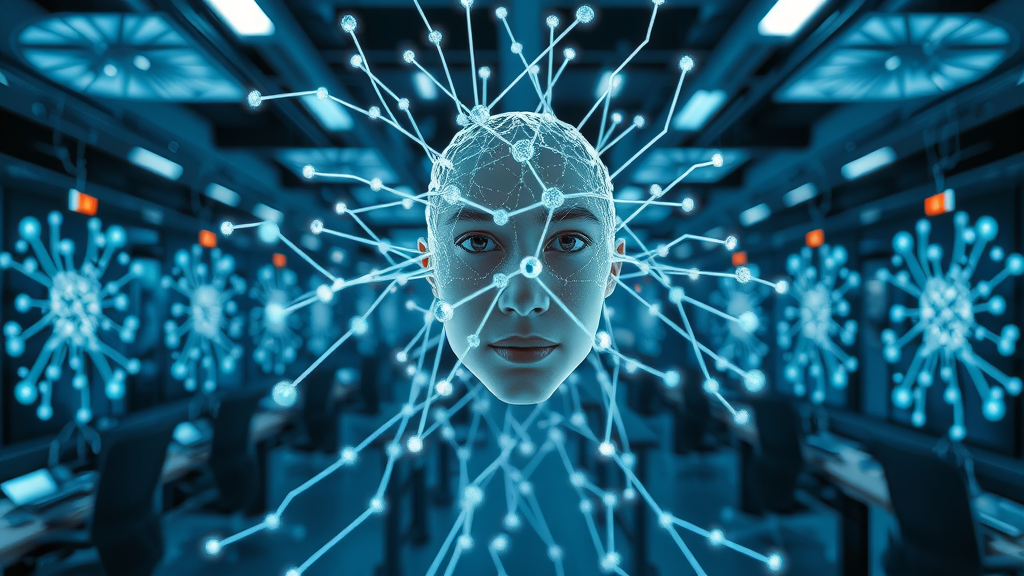 striking visualization of an artificial neural network, nodes connected by glowing synapses, data flow, modern tech-inspired lab, holographic screens, highly detailed, neural network lines pulsing, blue and silver palette, dramatic overhead lighting