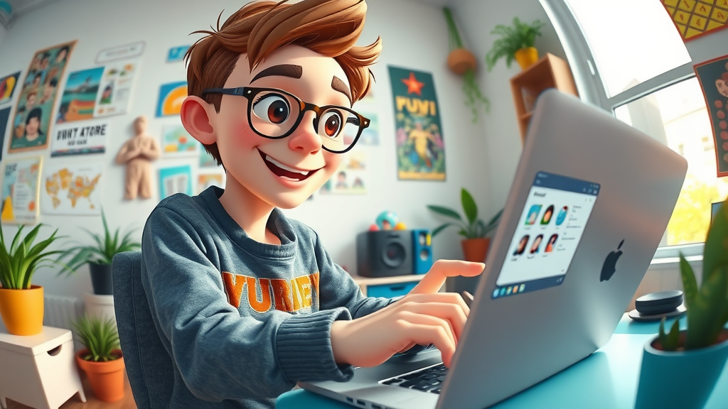 Youthful content creator testing free AI content tools at a creative, colorful workspace