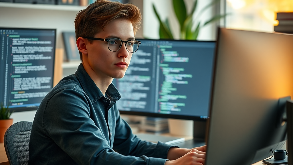 young developer training deep learning model at workstation