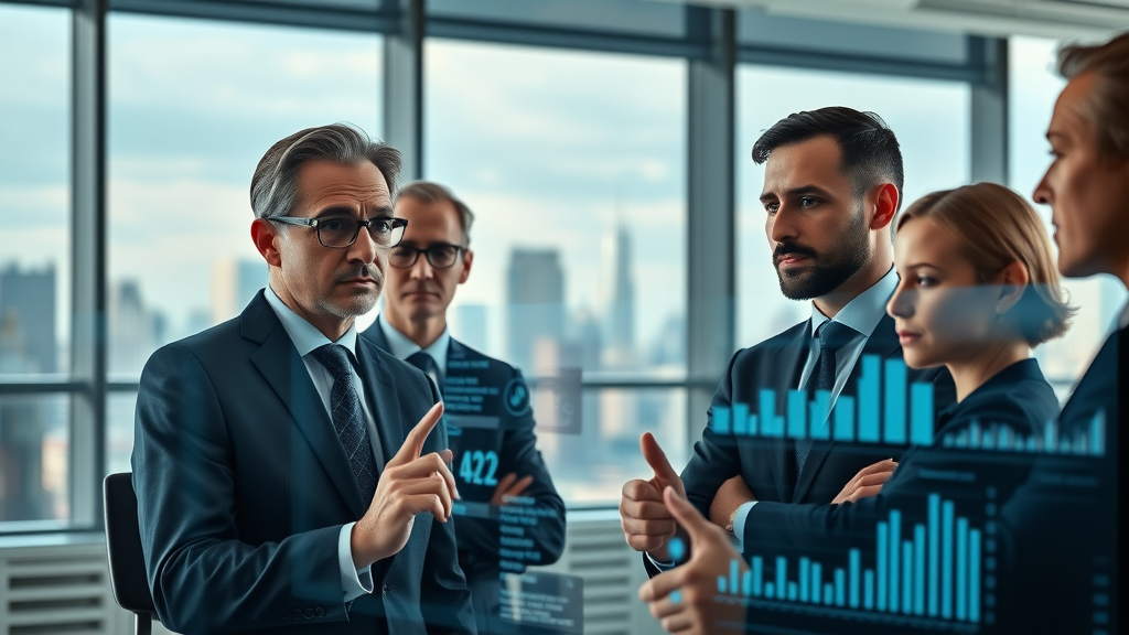 Thoughtful corporate leaders reviewing digital data streams in a high-tech boardroom, AI ethics in business decision making