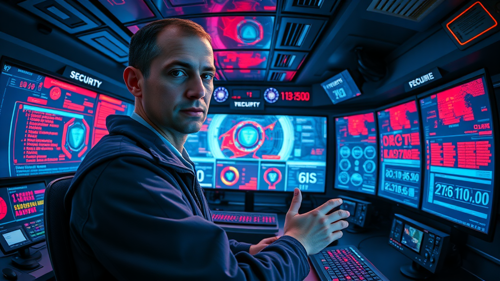 Cybersecurity expert monitoring GAN-generated threat data on futuristic control room displays, showcasing adversarial networks in cyber defense