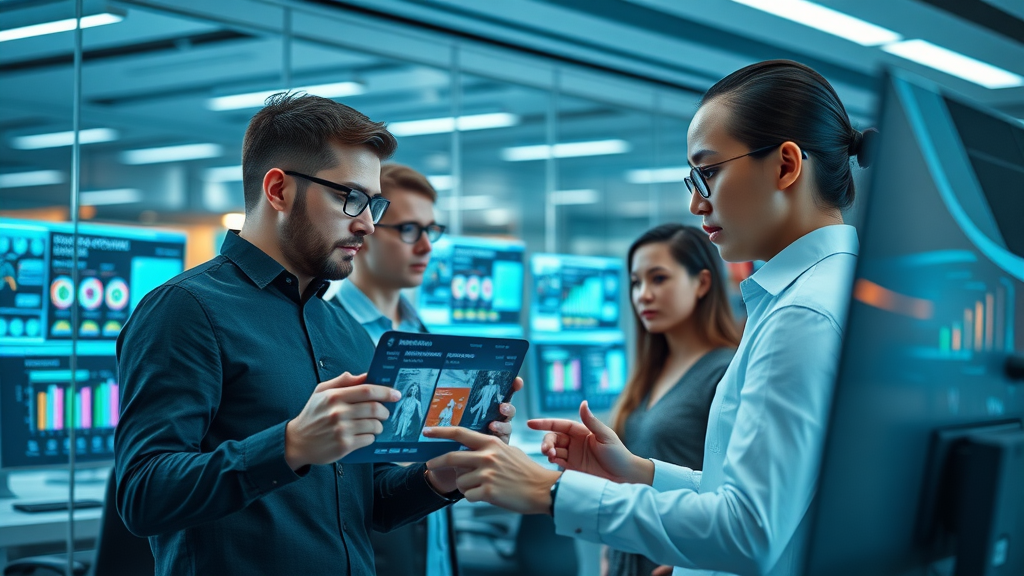 AI content generation in a high-tech marketing workspace, team analyzing AI-generated content in a modern office