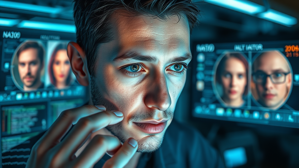 convolutional neural network analyzing image, computer displays with highlighted faces and objects, futuristic high-tech lab, animated data moving across network layers, metallic tones, cool blue lighting