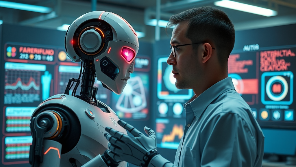 AI robot and human collaborating with natural language processing interfaces on holographic screens