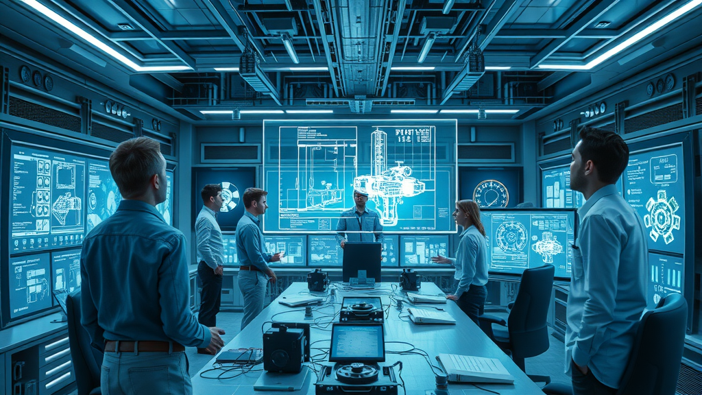 Team of engineers collaborate on digital transformation in high-tech lab