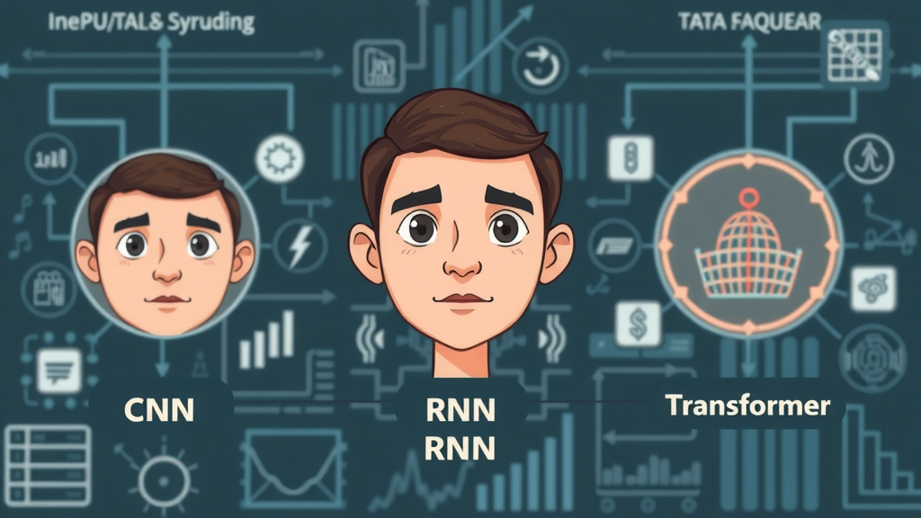 infographic visualizing CNN, RNN, and Transformer deep learning models with industry icons