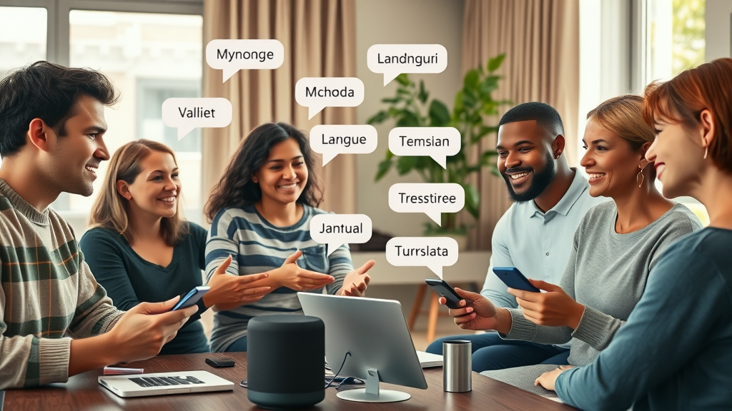 diverse group using speech recognition on smart devices and engaging with real-time machine translation