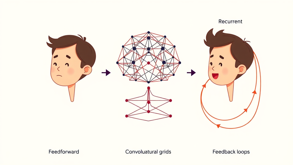 side-by-side illustration of feedforward, convolutional, and recurrent neural networks, colored grids, feedback loops, light academic background