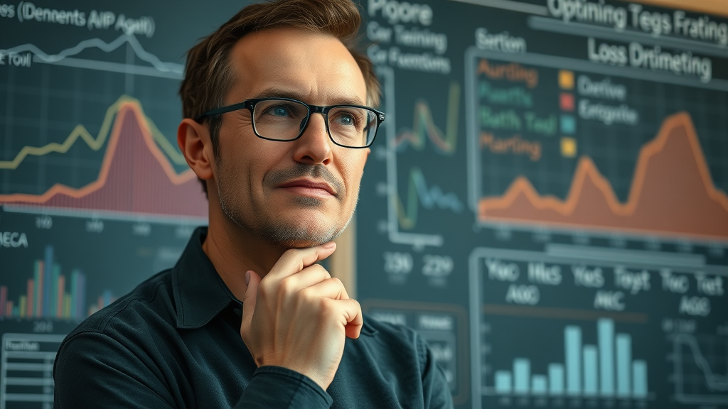 engaging depiction of neural network training, graphs, loss curves, layers colored by gradient, lab chalkboard, training charts, ambient lighting