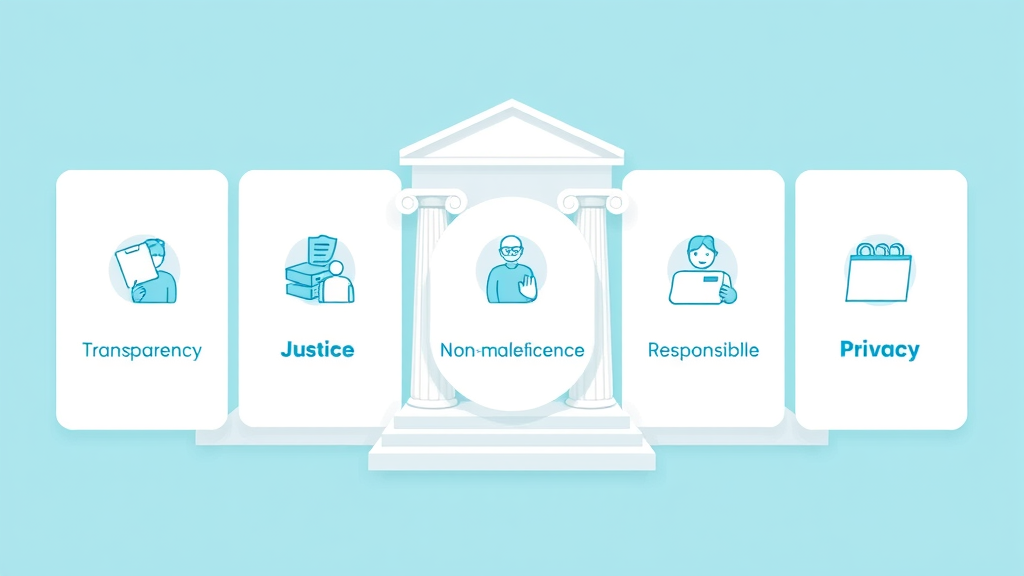 Infographic showing five pillars of AI ethics: transparency, justice, non-maleficence, responsibility, privacy