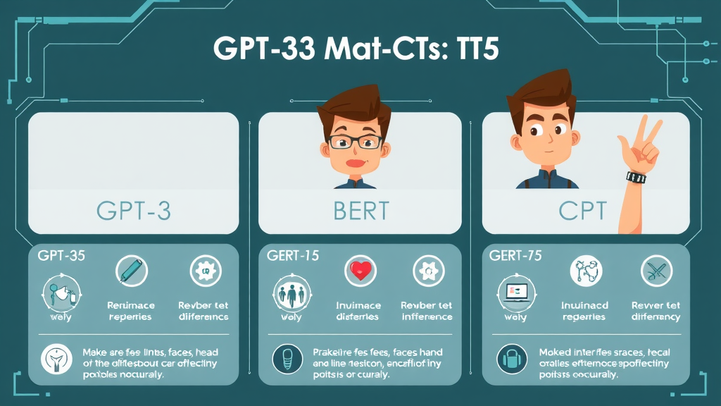 Infographic visually comparing GPT-3, BERT, and T5 language models for text generation