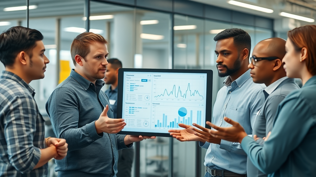 machine learning algorithms engineering team reviewing model performance errors, large digital display, innovation center