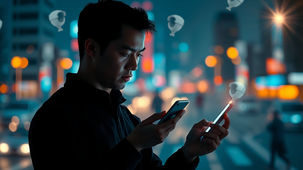 User surrounded by social media icons and surveillance cameras in night city, generative AI and privacy risks