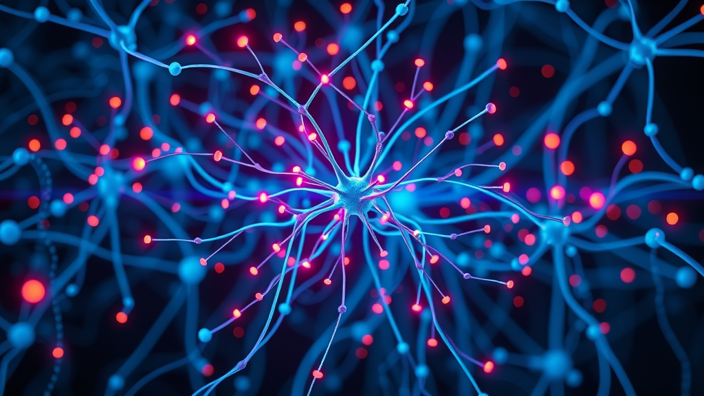 complex neural network visual processing colorful language data, representing NLP and deep learning impact