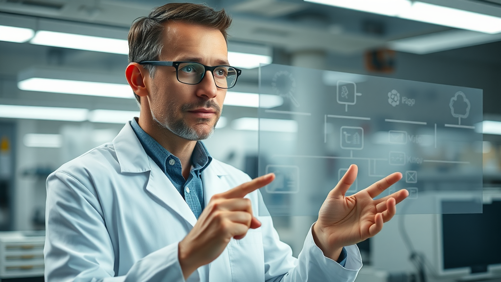 machine learning algorithms inquisitive scientist explaining flowchart for machine learning processes, laboratory