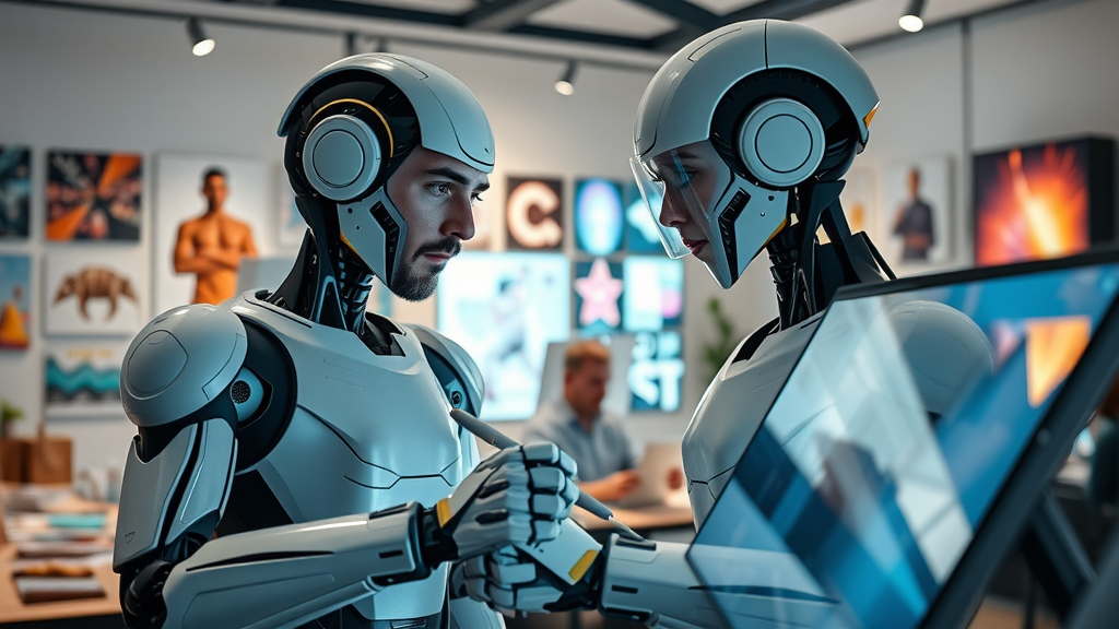 Innovative workspace where a human designer and an intelligent robot collaborate using digital canvases, symbolizing AI as a powerful creative tool.