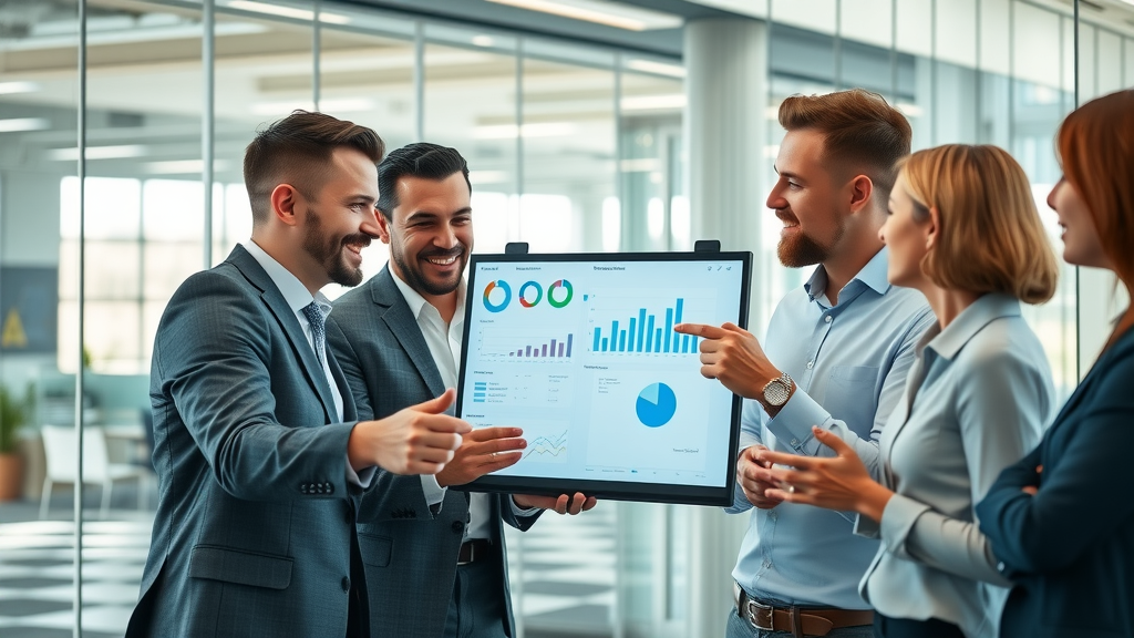 generative ai business team collaborating over digital charts in a modern office