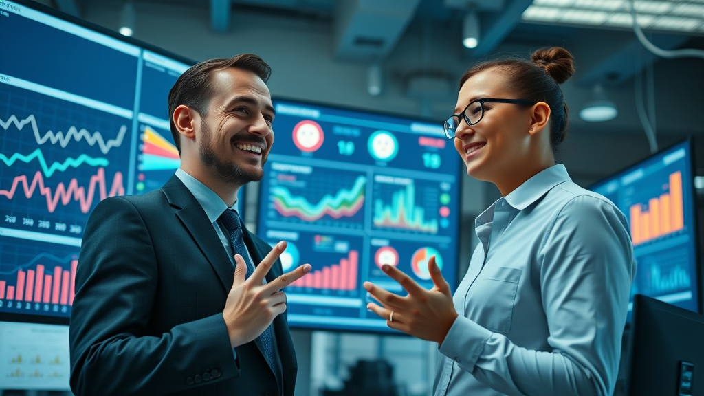 business professionals analyzing social sentiment with NLP, interpreting dashboard data in high-tech office