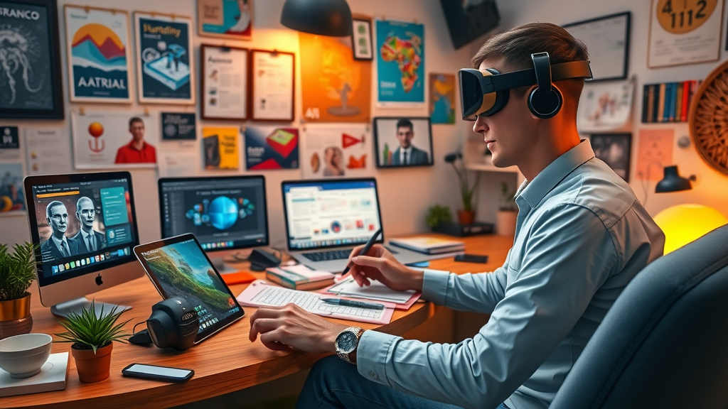 Organized smart workspace showing creative professionals comparing several AI platforms like VR, tablets, and laptops to choose the right creative toolset.