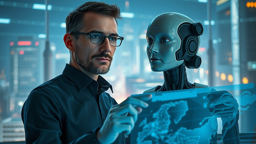 Futuristic vision of a human and AI collaborating on imaginative holographic projects in a glowing urban studio, representing the future of augmented creativity.