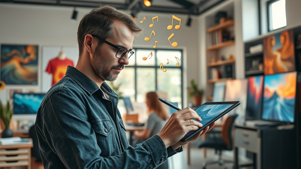 Digital artist generating artwork with GANs on a tablet, blending traditional and modern creative processes