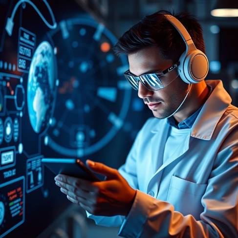 Realistic photo of a scientist exploring technology innovations.